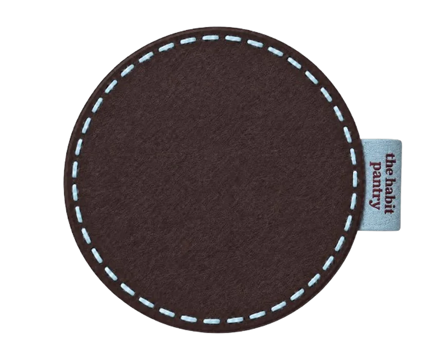 CUE-02 Espresso — dark brown leather sticker with pale blue running stitch.