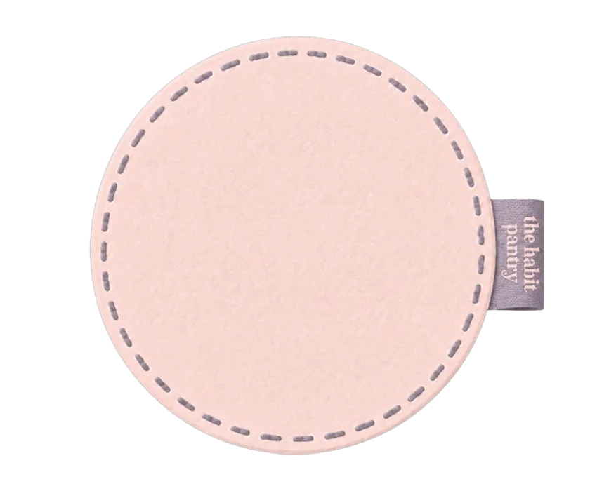 CUE-03 Blush — soft nude leather sticker with grey running stitch.