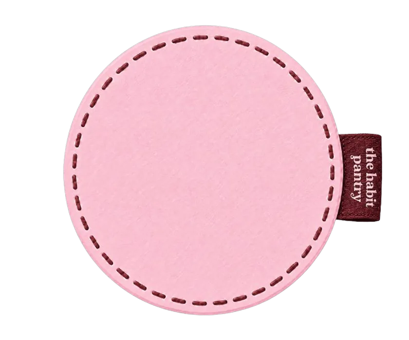 CUE-04 Rosewood — pink leather sticker with oxblood running stitch.