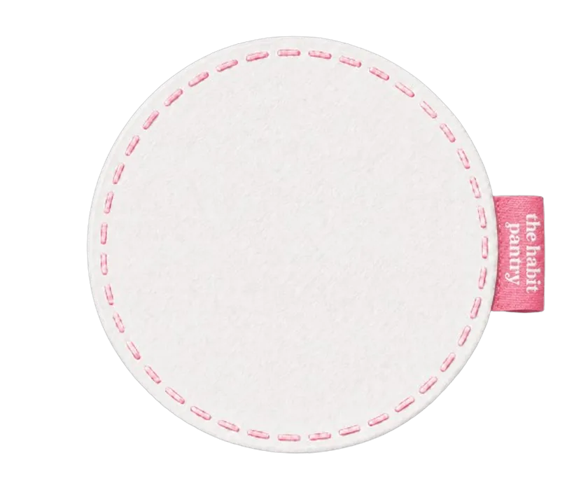 CUE-05 Petal — white leather sticker with pink running stitch.