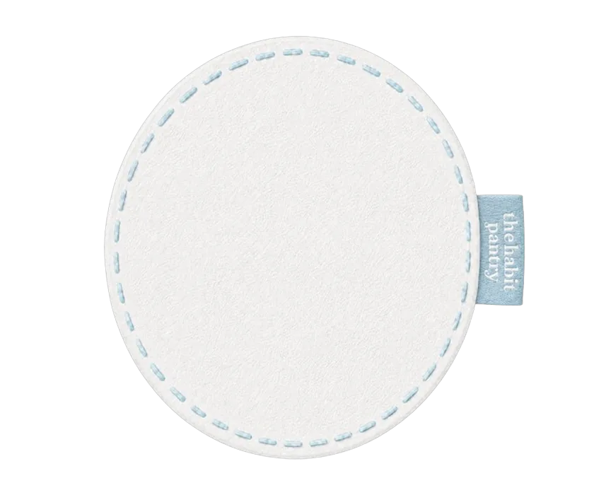 CUE-06 Sky — white leather sticker with pale blue running stitch.